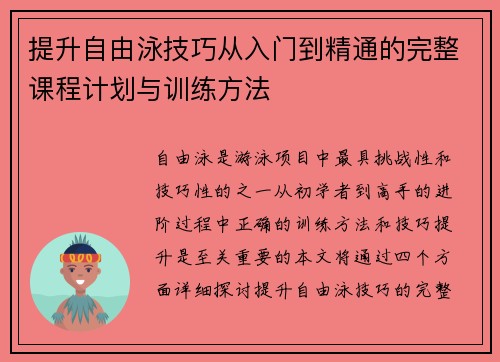 提升自由泳技巧从入门到精通的完整课程计划与训练方法