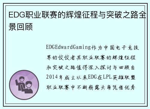 EDG职业联赛的辉煌征程与突破之路全景回顾