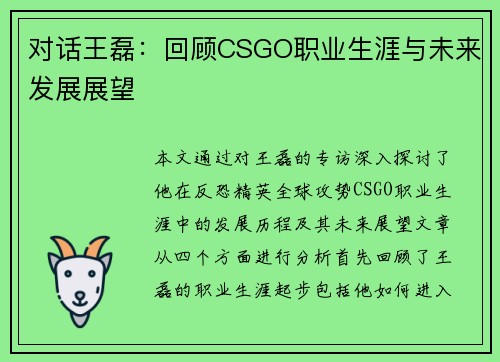 对话王磊：回顾CSGO职业生涯与未来发展展望